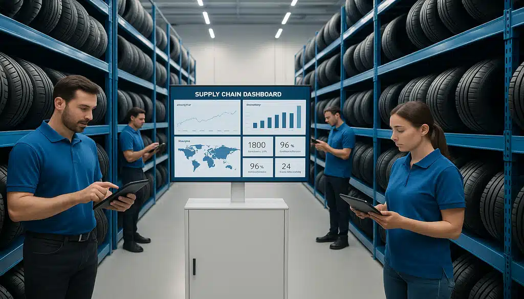 Warehouse workers using digital tablets for tire inventory management with supply chain dashboard display
