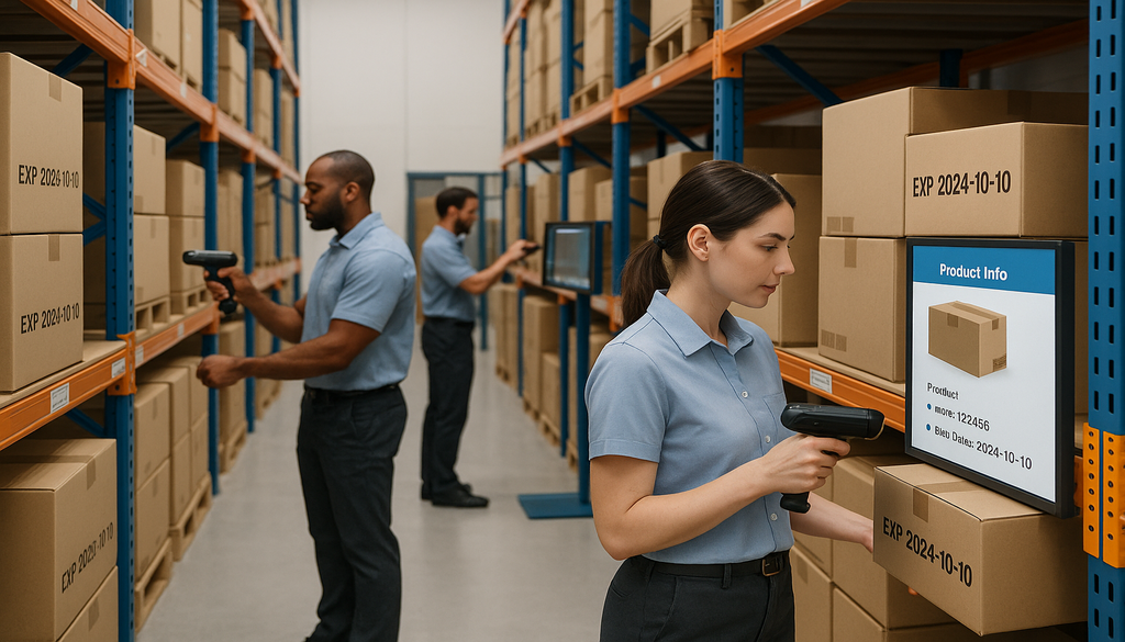 Warehouse workers scanning product expiration dates with barcode scanners for inventory management compliance