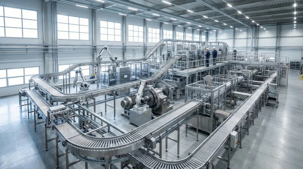 A complex network of machinery and conveyor belts