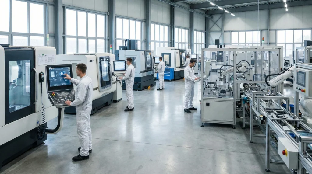 A computerized shop floor with various control panels