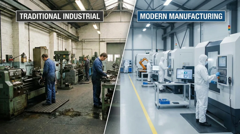 A transformation from a traditional industrial shop floor with manual machinery to a modern