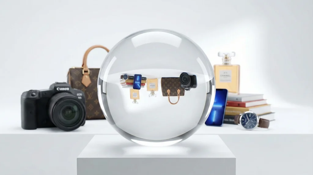 A crystal ball reflecting various products