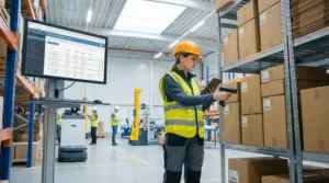 Warehouse worker in safety vest managing inventory boxes with computer system