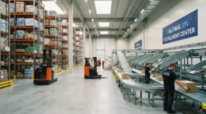 Modern 3PL fulfillment center warehouse with conveyor systems and workers processing packages