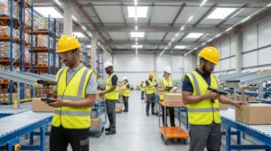 Workers in safety vests use handheld devices for case picking in a well-lit warehouse.