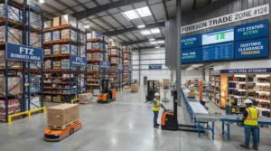 Inside view of a warehouse with duty-free storage and modern logistics under FTZ status.