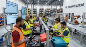 Workers scanning tools with barcode labels in a modern, efficient tool tracking warehouse.