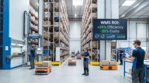 Advanced warehouse with WMS ROI showcasing automated systems and workers managing inventory.