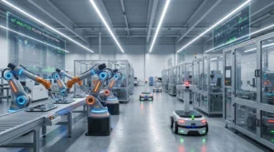 Robotic arms and autonomous robots in a high-tech, volatile manufacturing warehouse with IoT analytics.