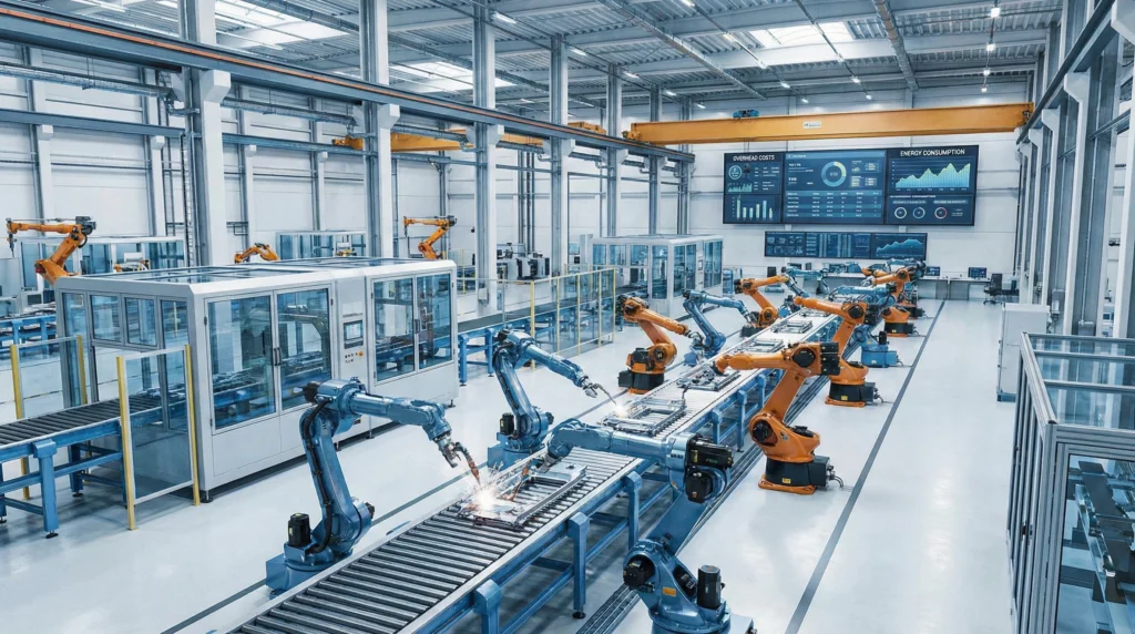 Advanced machinery and robotic arms operate in a modern manufacturing facility, illustrating overhead costs.