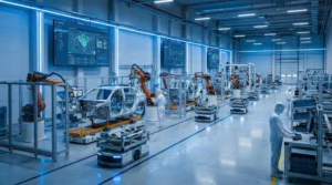 Automotive assembly plant with logistics software managing robotic arms and AGVs under cool blue lighting.