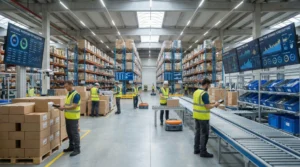 Workers using handheld scanners in a well-organized warehouse, showcasing modern inventory formula techniques.