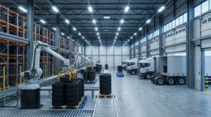 Modern tire distribution warehouse with robotic arms and trucks loading under bright LED lighting.