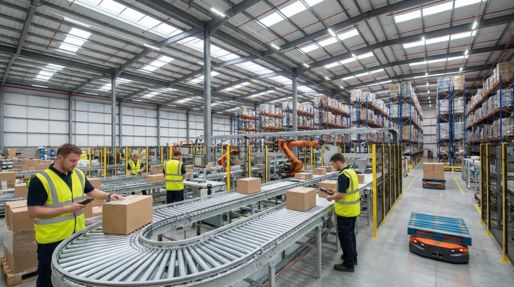 Modern warehouse with workers scanning SKUs and automated conveyor system.