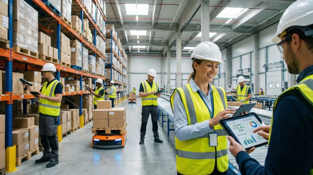 Workers scan inventory in a modern warehouse, supervisor reviews business profit margin data on a tablet.