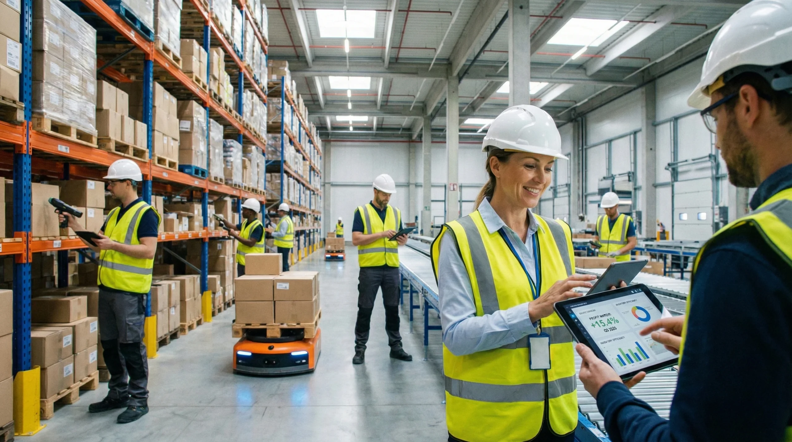 Workers scan inventory in a modern warehouse, supervisor reviews business profit margin data on a tablet.
