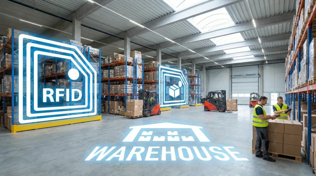 Modern warehouse with RFID technology overlay and workers managing inventory systems