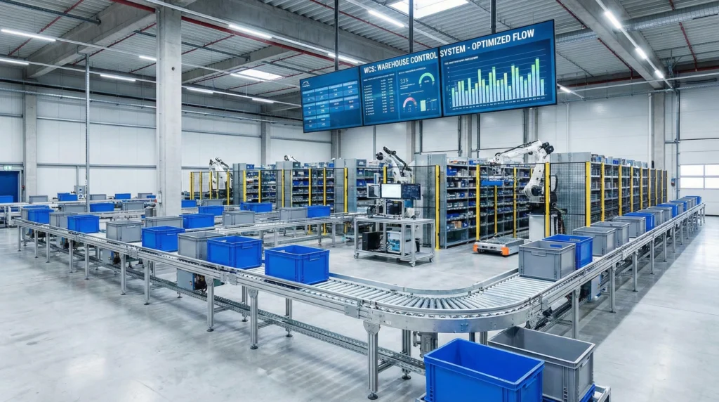 Automated warehouse conveyor system with storage bins demonstrating WCS control technology