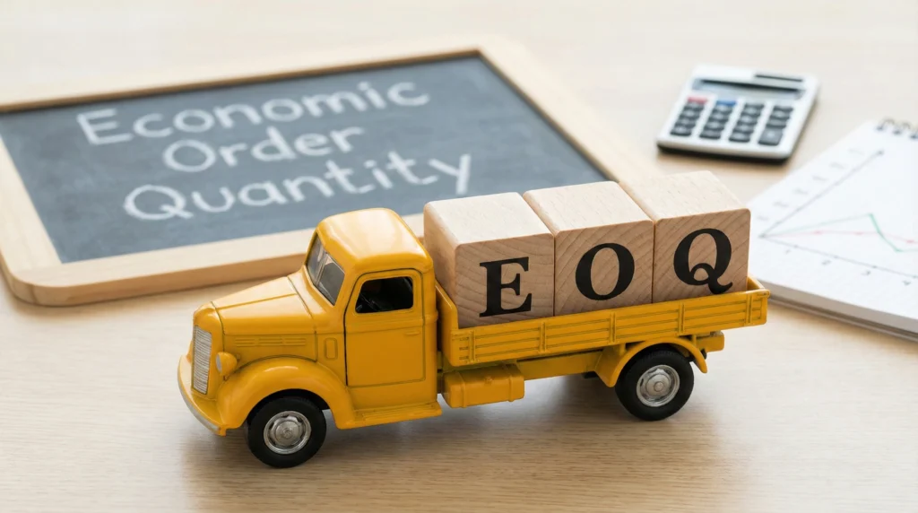 Yellow toy truck carrying wooden blocks spelling EOQ representing economic order quantity concept