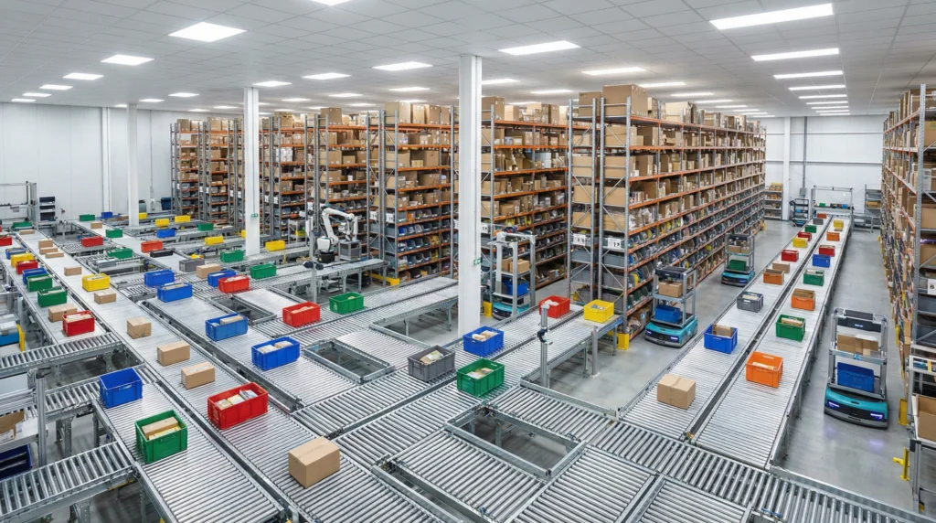 Automated warehouse conveyor system with roller belts and storage shelves for efficient operations