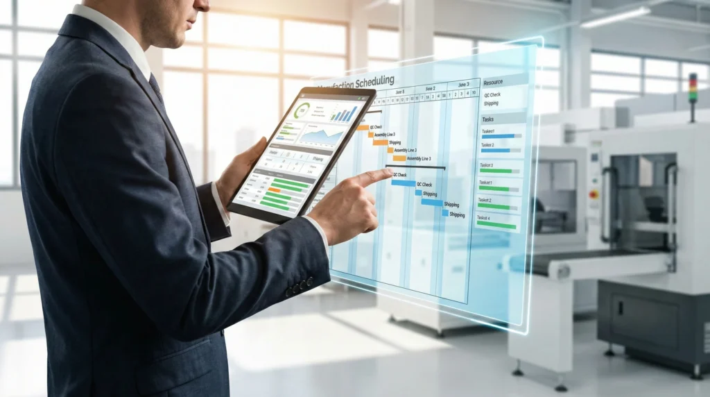 Businessman interacting with digital manufacturing production scheduling Gantt chart interface on tablet