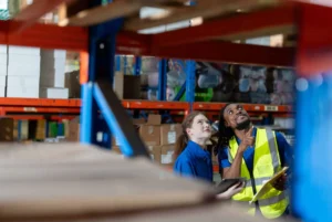 male and female warehouse workers checking a shelf for inventory