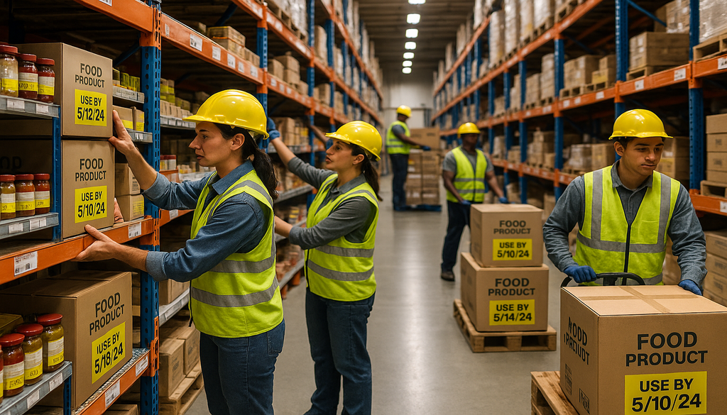 Warehouse workers in safety vests checking food product expiration dates on shelves