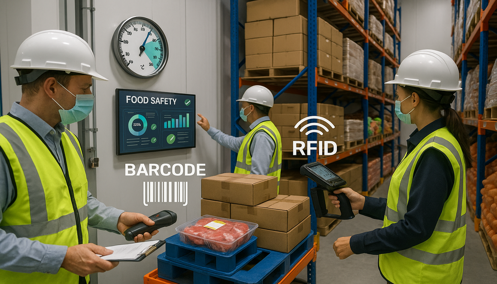 Warehouse workers using RFID and barcode technology for food safety recall management