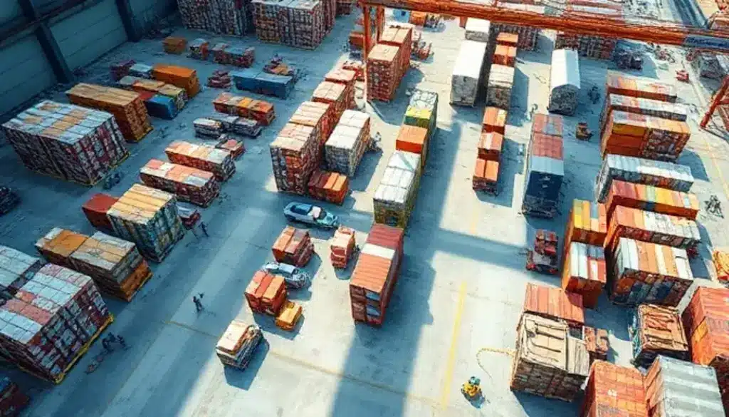 Aerial view of shipping containers and cargo operations at international trade zone facility