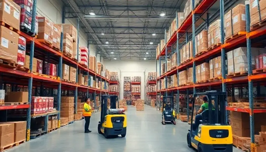 Modern warehouse with forklifts and workers managing international trade inventory shipments