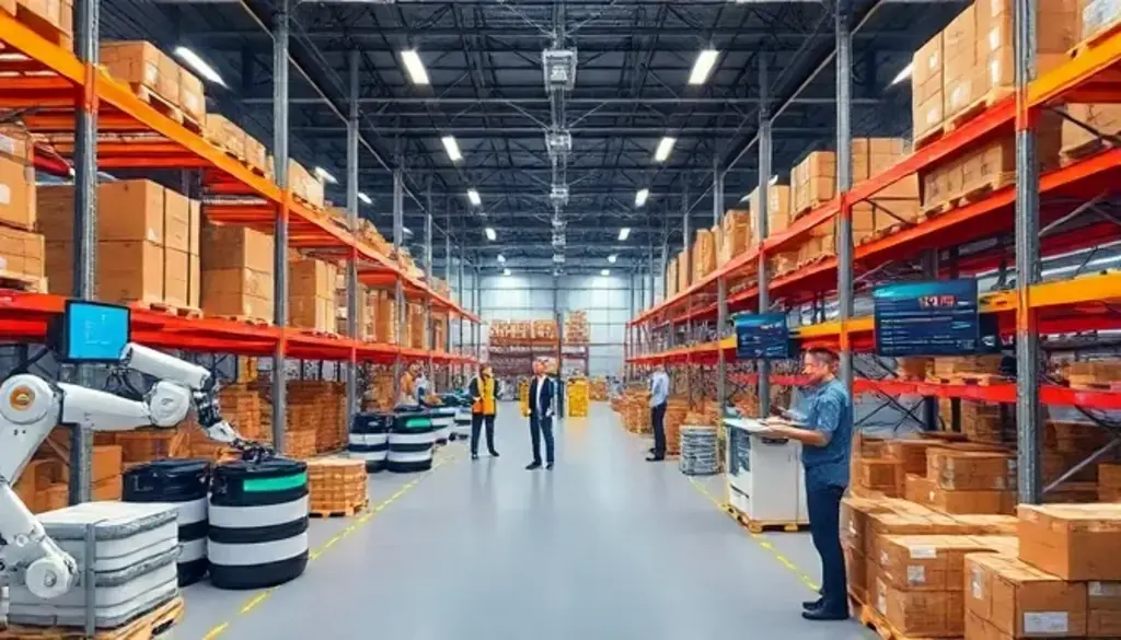Modern warehouse with automated sorting robots and workers managing inventory on shelving systems