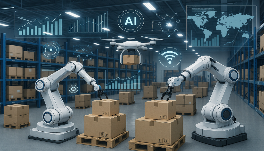 Automated warehouse robots handling packages with AI analytics and WMS technology overlays