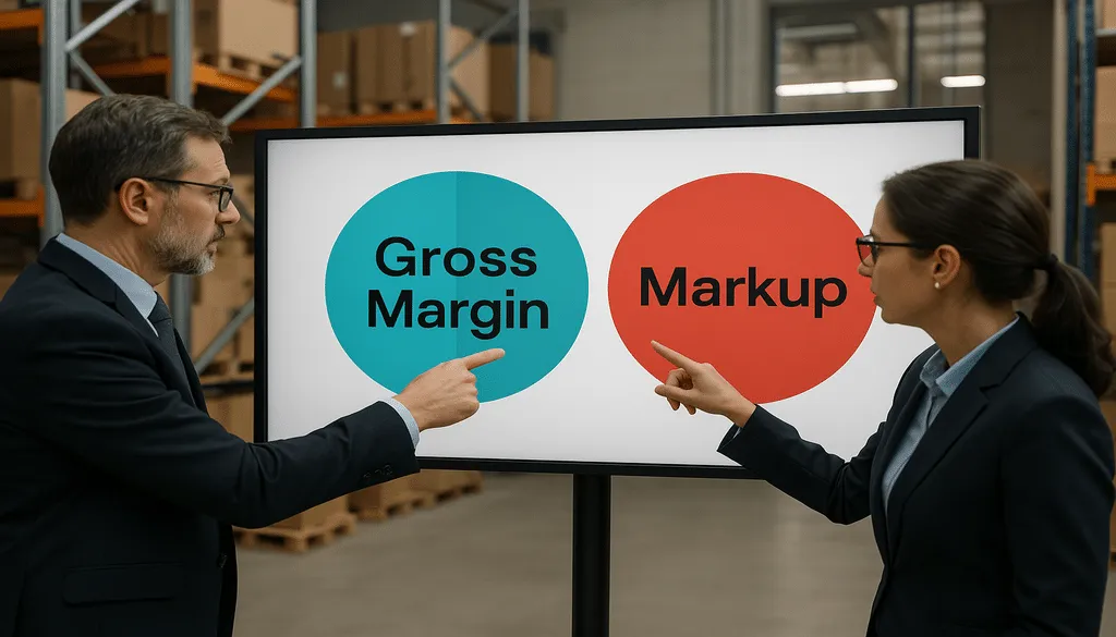 Two business professionals pointing at gross margin and markup concepts on presentation screen