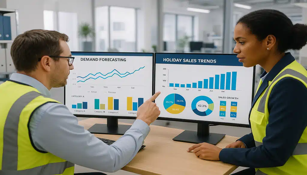 Two warehouse workers analyzing holiday sales trends and demand forecasting charts on computer monitors