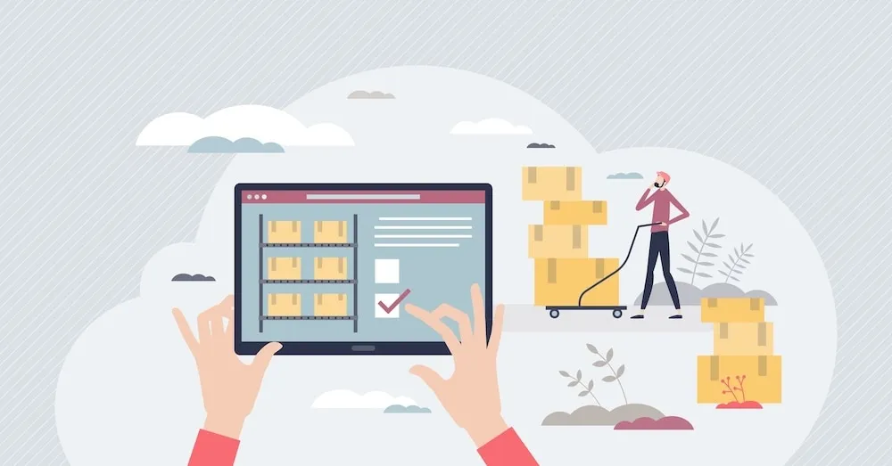 Order management system interface on tablet with warehouse worker handling shipping boxes