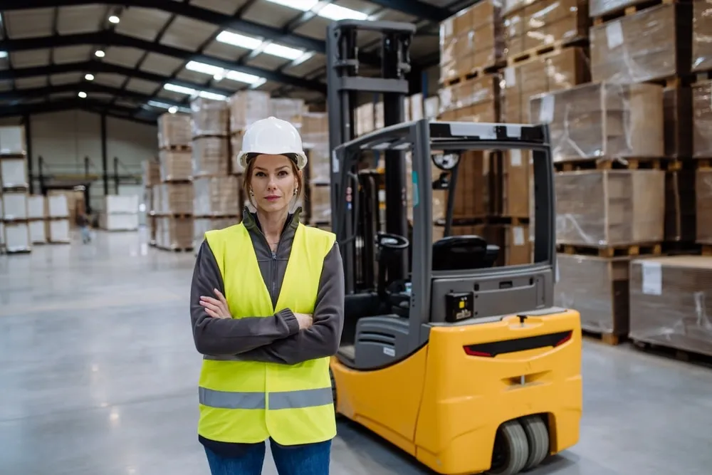 Female warehouse manager in safety vest standing next to forklift in distribution center