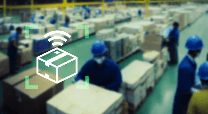 moving boxes in a warehouse with a box icon with an internet signal above it representing an RFID signal