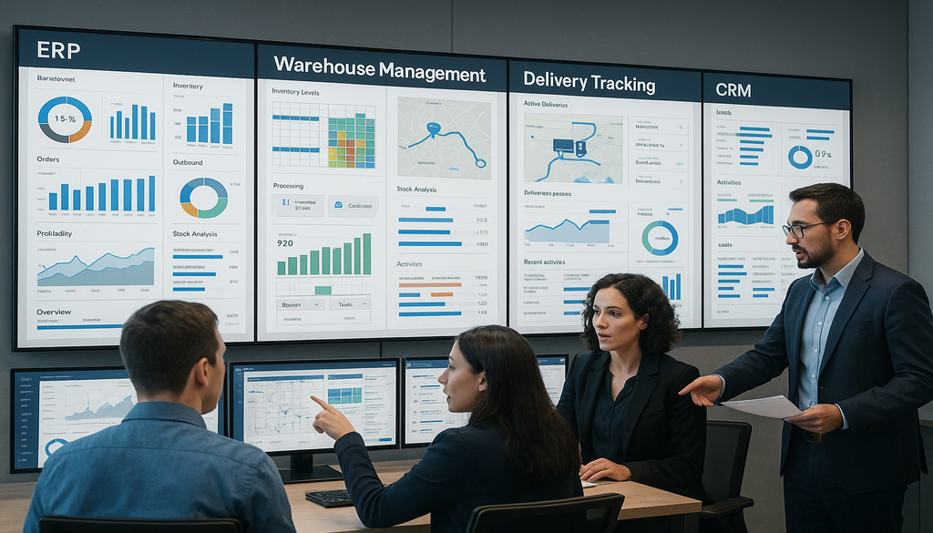 Business team analyzing tire distribution dashboard with ERP, warehouse management, delivery tracking and CRM systems