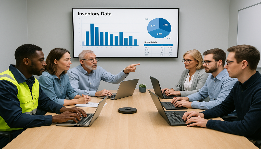 Business team analyzing inventory data charts during meeting with laptops and presentation screen