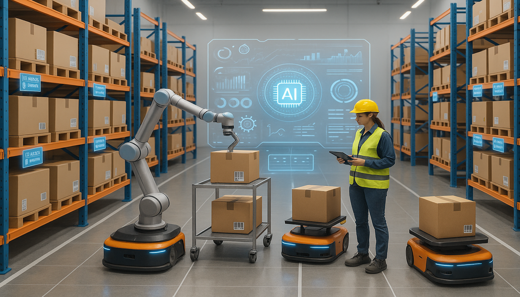 Warehouse worker monitoring AI-powered robotic automation system managing supply chain inventory