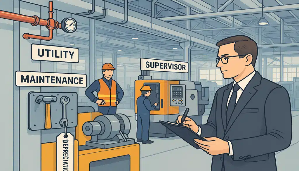 Manufacturing supervisor with clipboard overseeing factory maintenance operations and overhead costs tracking