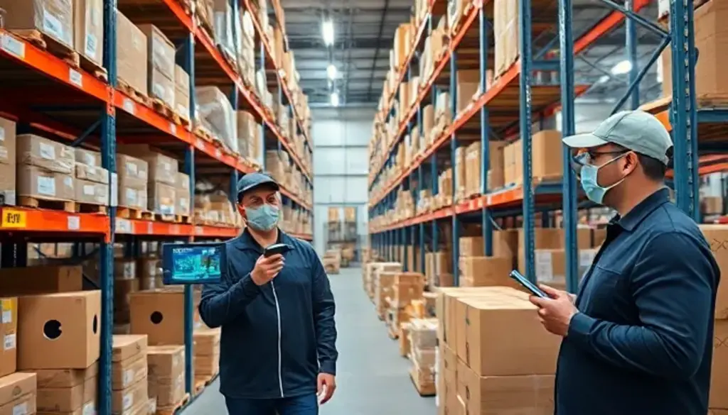 Two warehouse workers using barcode scanner and tablet to track inventory in distribution center