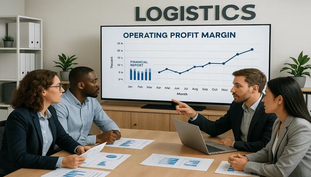 Business team analyzing profit margin charts and financial reports in conference room meeting