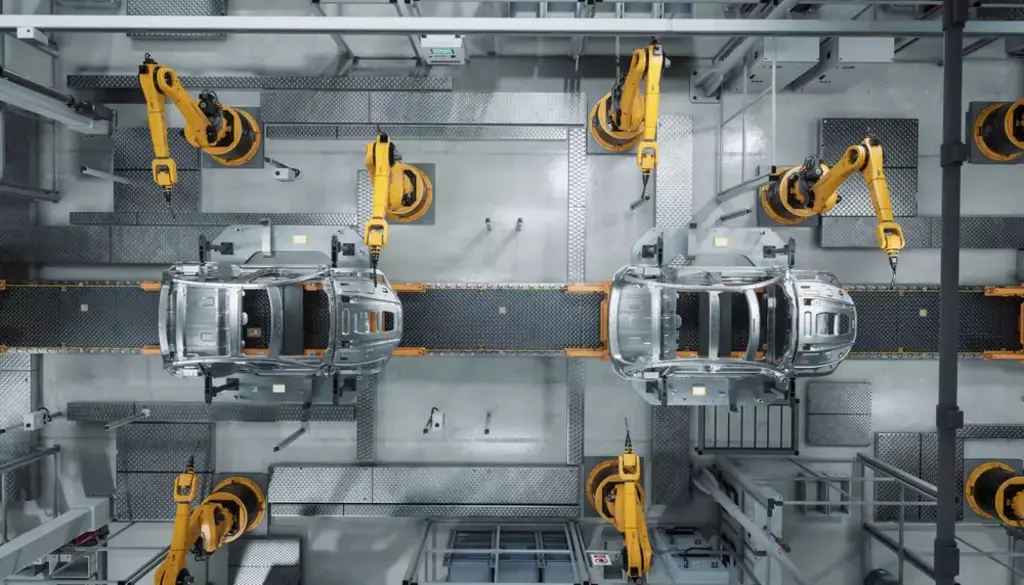 Automated robotic arms assembling cars in modern automotive manufacturing facility