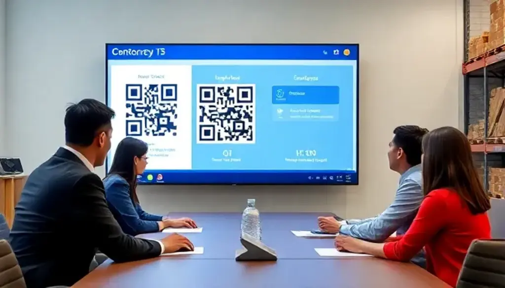 Business professionals in meeting room viewing QR codes on large display screen