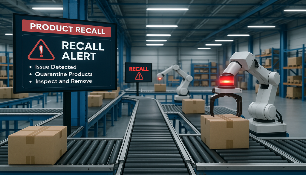 Automated warehouse system with recall alert display and robotic arm sorting packages on conveyor belt