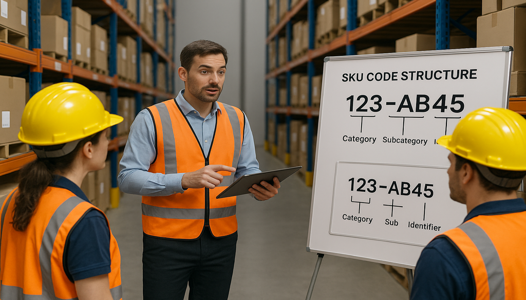 Warehouse manager training workers on SKU code structure using whiteboard in distribution center