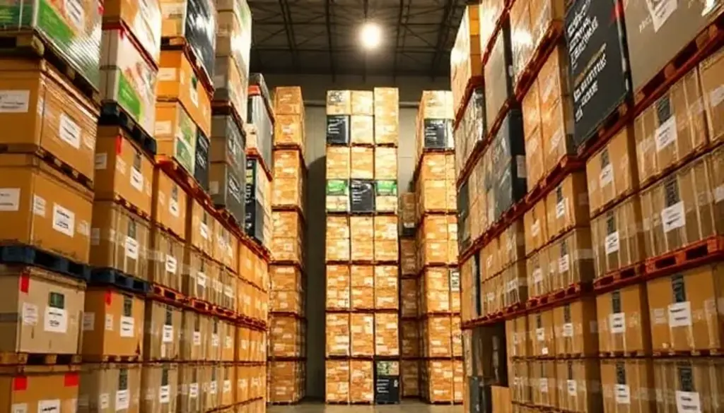 Large warehouse with stacked cardboard boxes on red metal shelving systems
