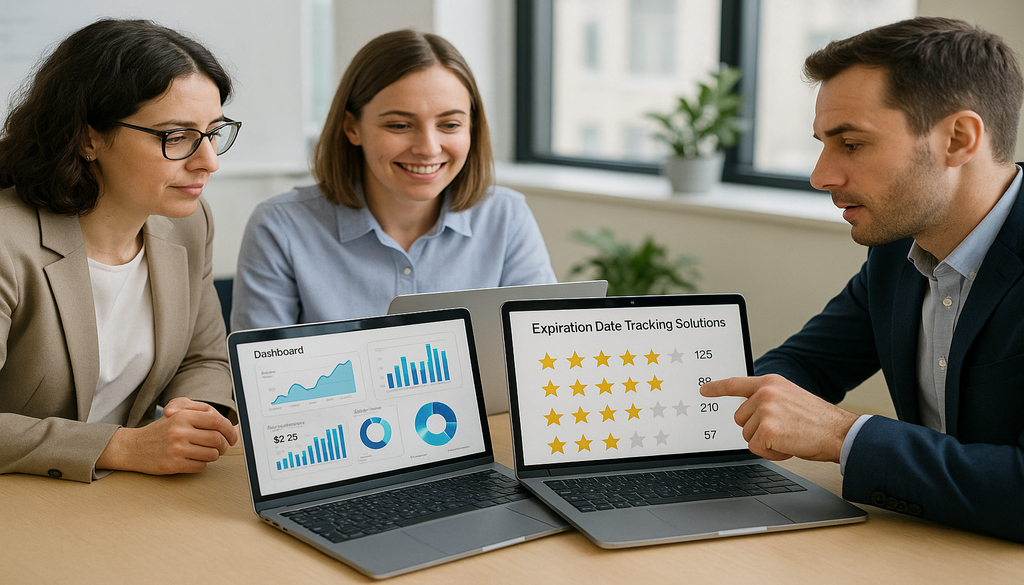 Business professionals reviewing expiration date tracking software dashboard with compliance ratings and analytics