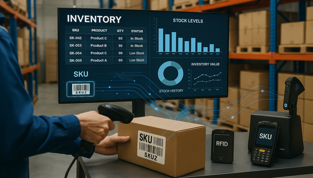 Warehouse worker scanning SKU barcode with inventory management dashboard displaying stock levels and product data